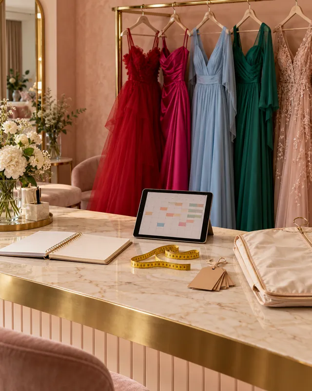 Balcão de atendimento de uma loja de aluguel de vestidos, com agenda, fita métrica e uma arara de vestidos coloridos ao fundo